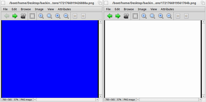 A screenshot of two images. The left one is entirely blue and the right one is entirely white.