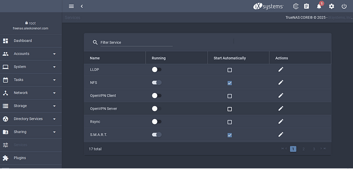 services screen in TrueNAS